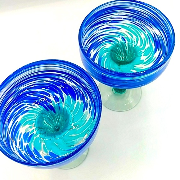 2 Hand Blown Margarita Glasses. Blue & Green Swirls. - Picture 2 of 8